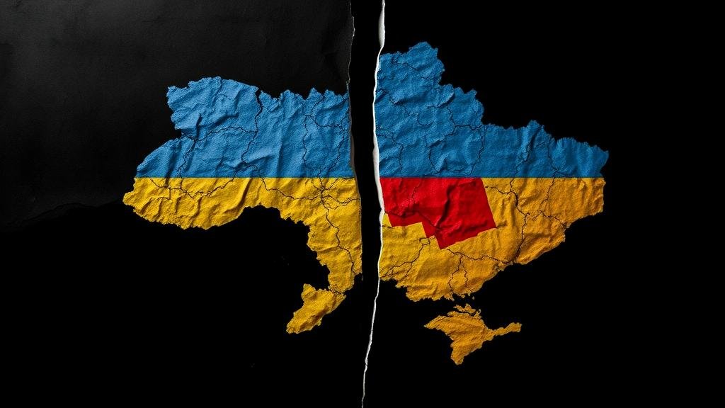 A stark and dramatic depiction of a map of Ukraine being physically torn in half, illustrating the fear of territorial concessions.