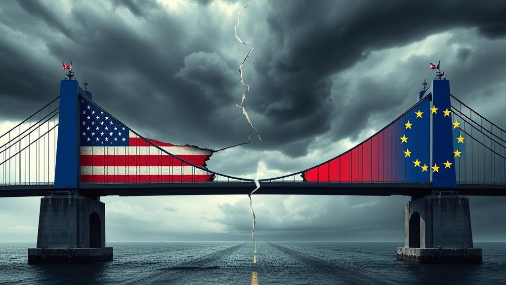 An abstract representation of the transatlantic alliance under pressure, symbolized by a cracked bridge made of US and EU flags.