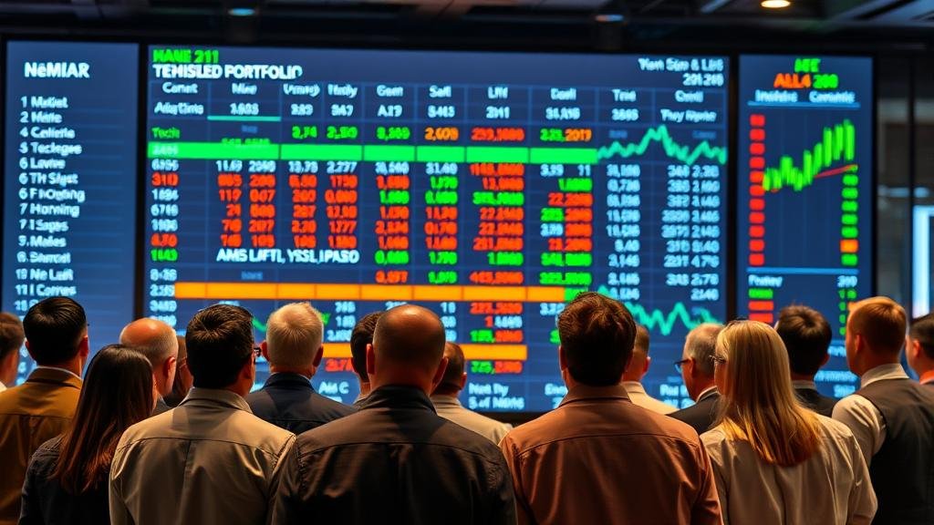 A diverse group of investors looking at a large screen displaying a diversified portfolio with a mix of tech and other industry stocks, emphasizing a prudent, long-term investment strategy in the age of AI.