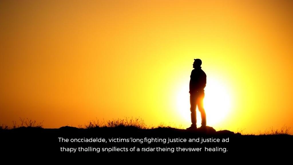 A powerful and hopeful image of a silhouette of a person standing strong and resilient at sunrise, to represent the victims' long fight for justice and their journey toward healing.