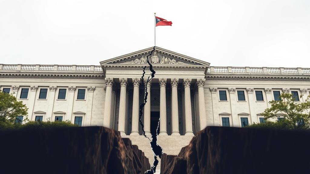 An illustrative image of a literal earthquake crack running through the middle of a government building or courthouse, to represent the massive legal and political fallout.