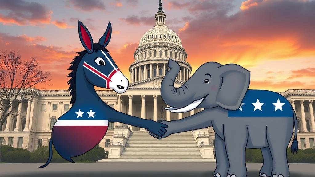 A depiction of the US Capitol building with the Democratic donkey and Republican elephant shaking hands in front of it, symbolizing a rare moment of bipartisan unity.
