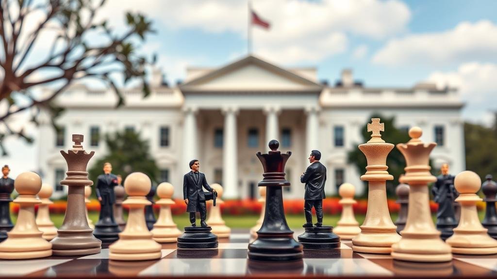A political chess match in motion, set against the backdrop of the White House, with chess pieces representing politicians, to symbolize the calculated political strategies at play.