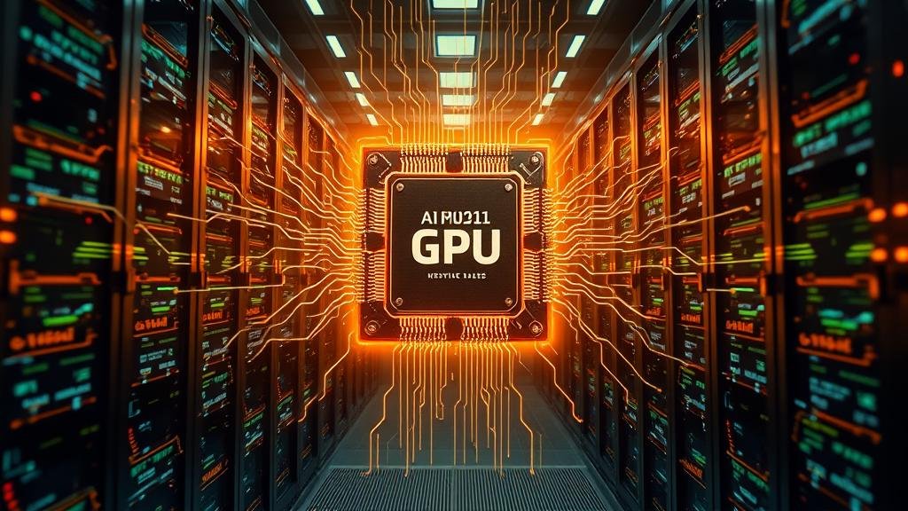 A powerful GPU chip at the center of a futuristic data center, glowing with energy, surrounded by abstract representations of artificial intelligence and data streams, symbolizing Nvidia's dominance in the AI hardware market.