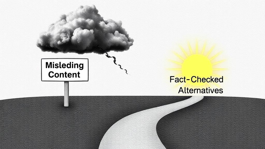 A robot with a halo and a shield, symbolizing its commitment to ethical AI and guarding against misinformation.