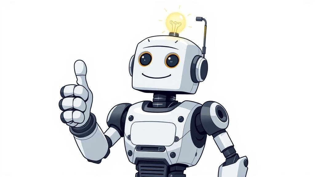 A friendly robot giving a thumbs up, with a lightbulb above its head, representing helpful and honest suggestions.