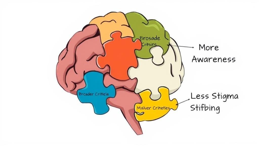 autism-diagnostic-factors.jpg An illustration showing a brain with puzzle pieces fitting together, symbolizing a clearer and more complete picture of autism. The pieces could be labeled Broader Criteria, More Awareness, and Less Stigma.