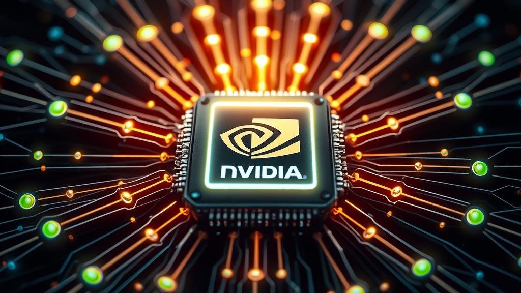 A powerful, glowing Nvidia GPU chip at the center of a radiating network, symbolizing its influence on AI and the global stock market.