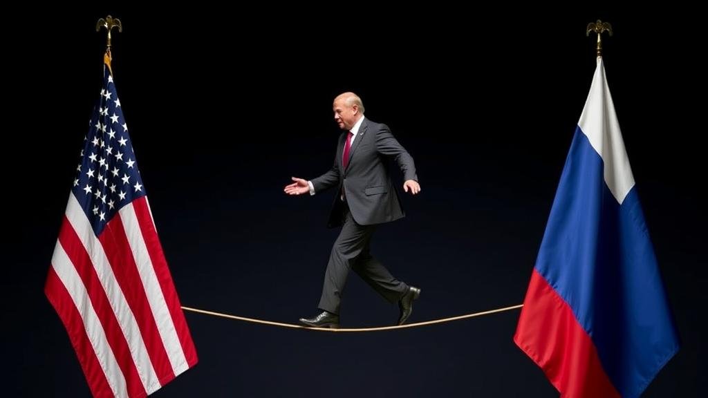 A political leader walking a tightrope between the US and Russian flags, symbolizing a delicate diplomatic balancing act.