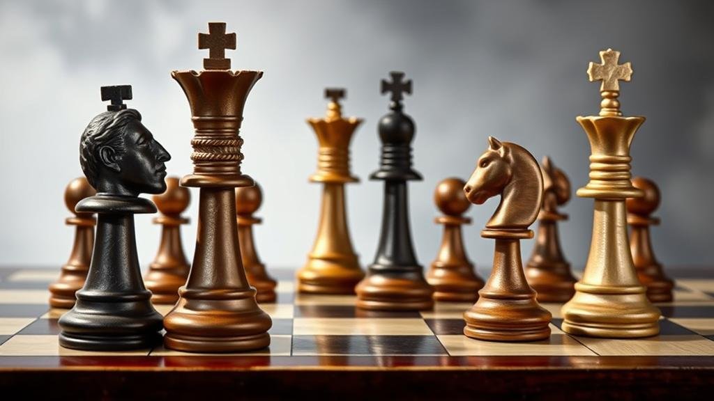 A metaphorical geopolitical chessboard with world leaders as pieces, symbolizing high-stakes maneuvering.