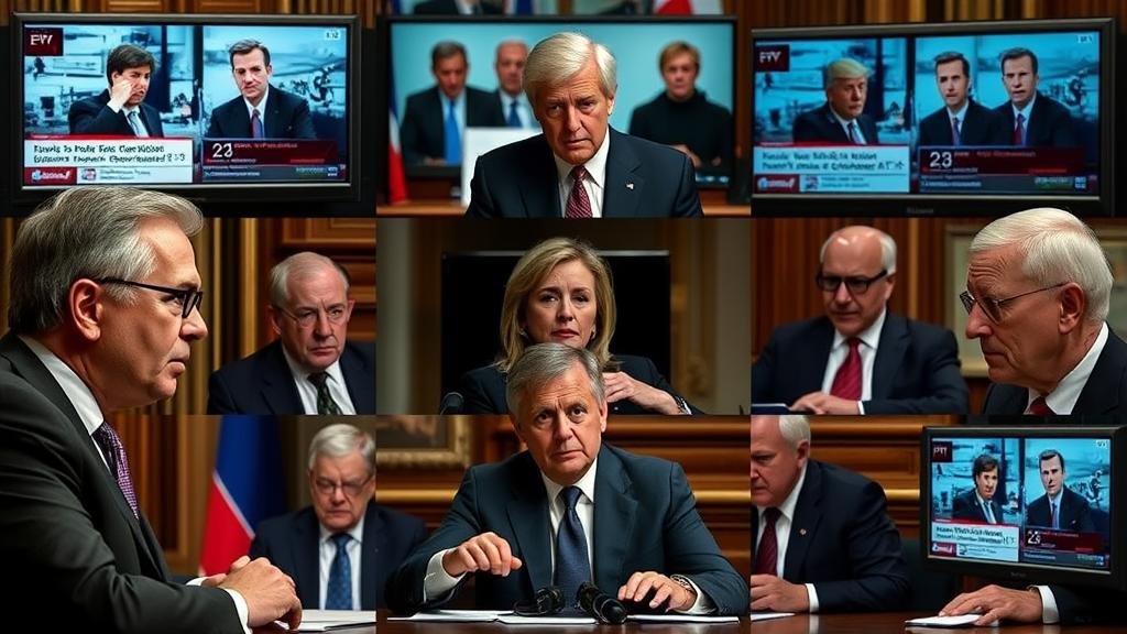 Montage of concerned European leaders reacting to news of the US-Russia peace plan.