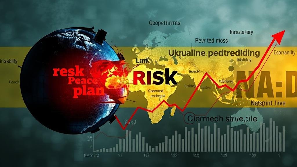 An abstract image representing geopolitical uncertainty and market volatility. This could feature a destabilized globe, a graph showing economic downturn, and words like 'risk,' 'instability,' and 'Ukraine peace plan' integrated into the design.