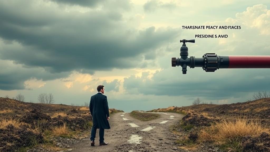 A powerful image of Ukrainian President Zelenskyy at a crossroads. One path leads to a compromised peace, with a Thanksgiving deadline looming. The other path shows the cutoff of US aid, symbolized by a closed spigot on a pipeline of weapons and financial support.