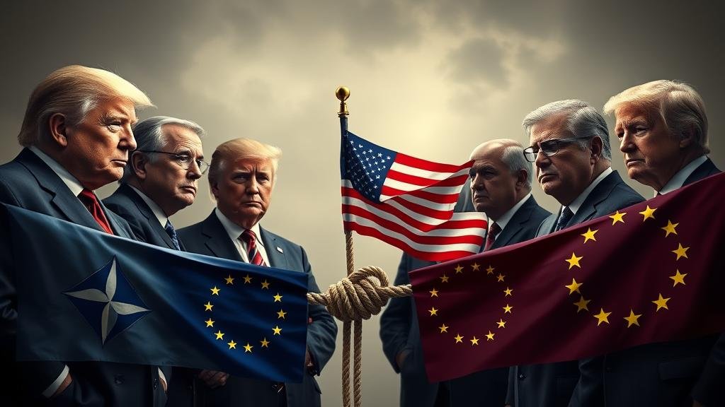 A dramatic depiction of European leaders watching in alarm as the United States' loyalty to NATO and other alliances is questioned. The image could show a fraying rope connecting the US and European flags, symbolizing the potential breakdown of the Western coalition.