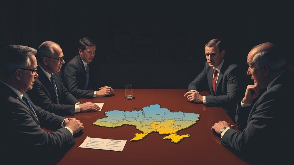 A shadowy illustration of unofficial American envoys presenting a controversial 'peace plan' to Ukrainian officials. The atmosphere is tense, with a map of Ukraine on the table, highlighting territorial divisions.