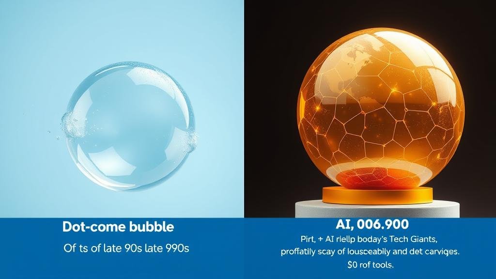 A split image comparing the 'dot-com bubble' of the late 90s (depicted as a bursting soap bubble) with the current 'AI boom' (depicted as a solid, golden sphere on a strong foundation), highlighting the profitability of today's tech giants.