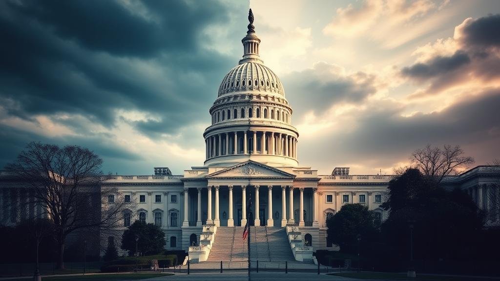 A dramatic depiction of the U.S. Capitol Building split down the middle, symbolizing the deep partisan divides and the recurring threat of a government shutdown.