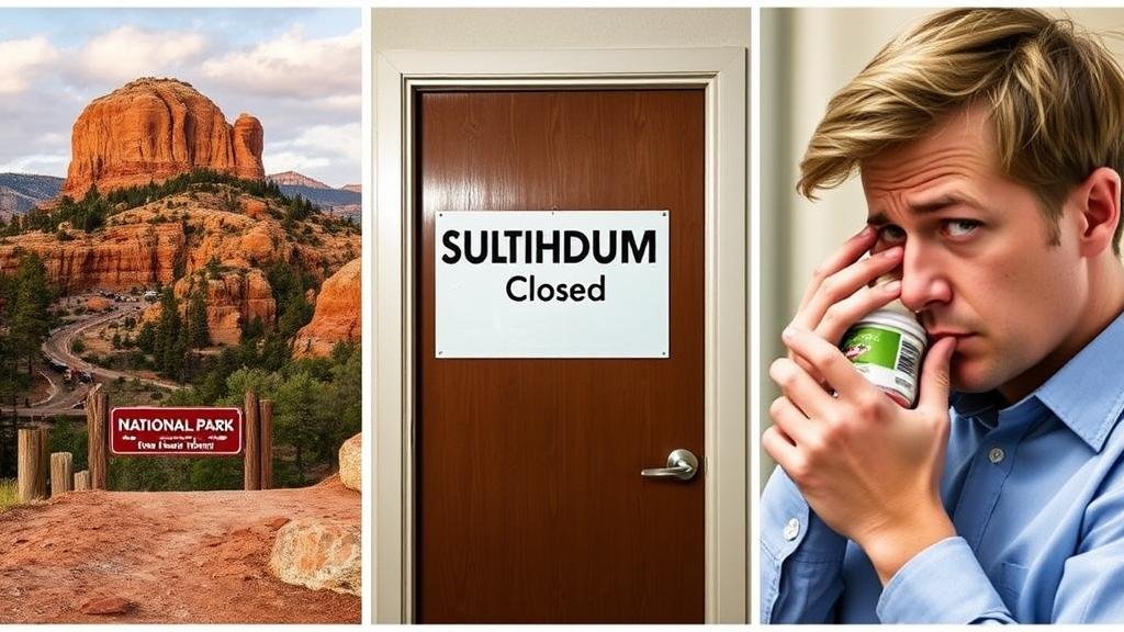 A montage showing the real-world consequences of a government shutdown: a closed national park, a 'furloughed' sign on an office door, and a person anxiously looking at their dwindling finances, illustrating the widespread economic impact.