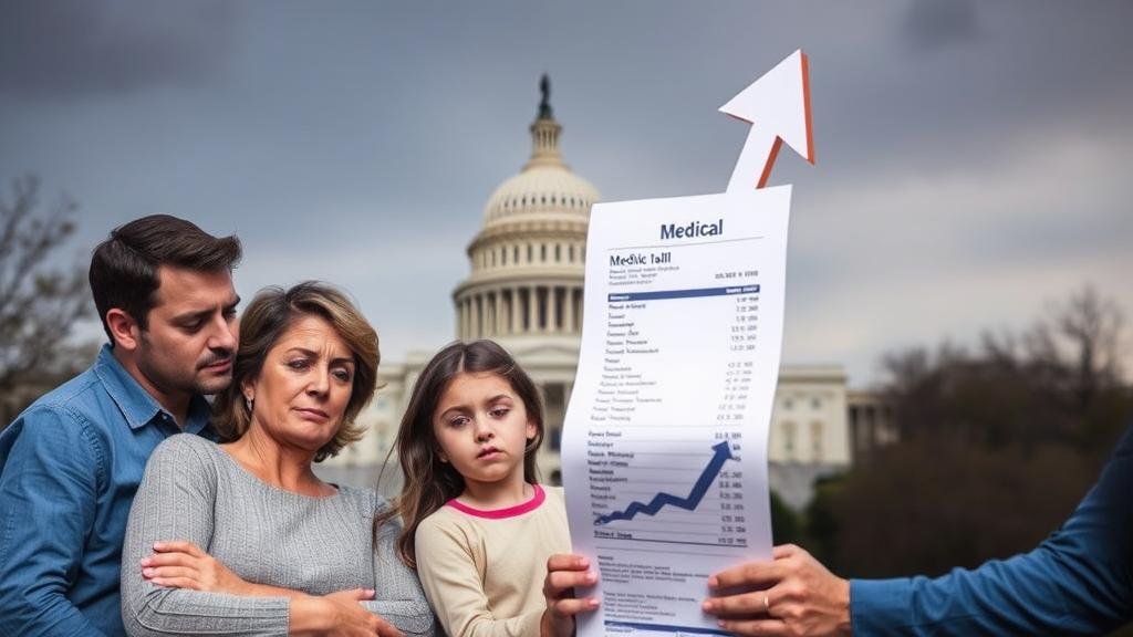 A family looking worriedly at a medical bill with a rising arrow, with the U.S. Capitol in the background, representing how healthcare costs are the central issue in the budget standoff.