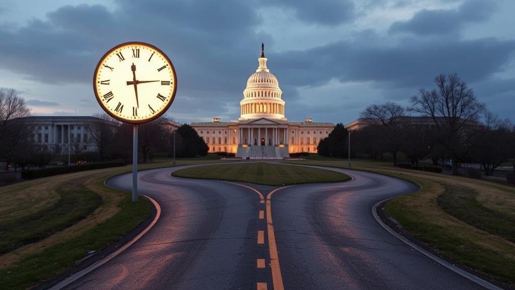 A winding road leading to the U.S. Capitol with a large, illuminated clock at a crossroads, symbolizing the temporary nature of a 'continuing resolution' and the ticking clock towards another budget crisis.