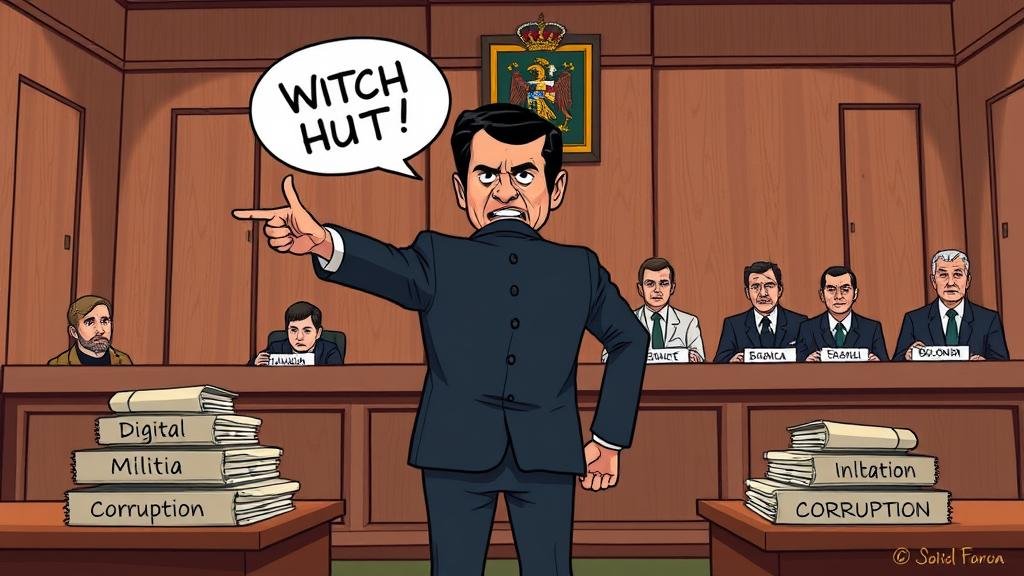 An illustration of a courtroom where a figure representing Bolsonaro is on trial, pointing accusingly and shouting 'Witch Hunt!', while a panel of stern judges sits before piles of evidence labeled 'Digital Militia' and 'Corruption'.