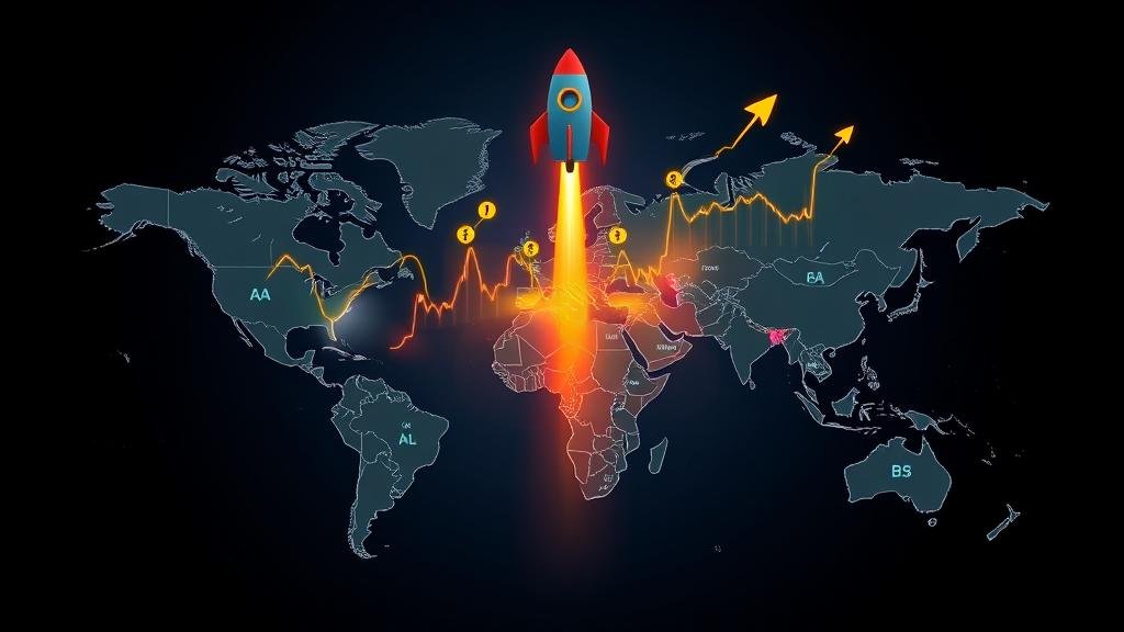 A world map with upward-trending stock market charts and bullish symbols rocketing up across Asia, Europe, and the United States, all originating from a central point representing a single tech company's influence.