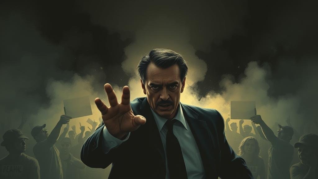 A dramatic, shadowy illustration of a politician resembling Jair Bolsonaro using a chaotic protest as a smokescreen to attempt a discreet escape, evoking the style of a heist movie poster.