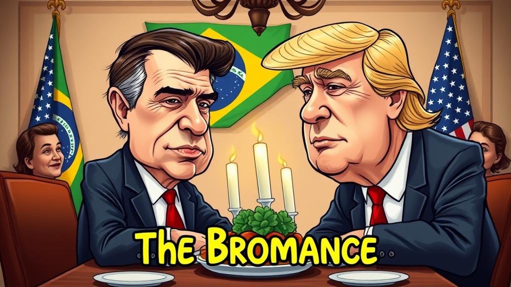 A caricature-style illustration of Jair Bolsonaro and Donald Trump, depicted as two conspiratorial uncles at a family gathering, with Brazilian and American flags in the background, under the heading 'The Bromance'.