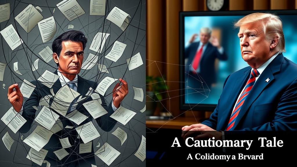 A split-panel image: on the left, Jair Bolsonaro is entangled in a web of legal papers in Brazil. On the right, Donald Trump views this scene on a screen with a concerned expression, as the web begins to extend towards him, with the title 'A Cautionary Tale'.