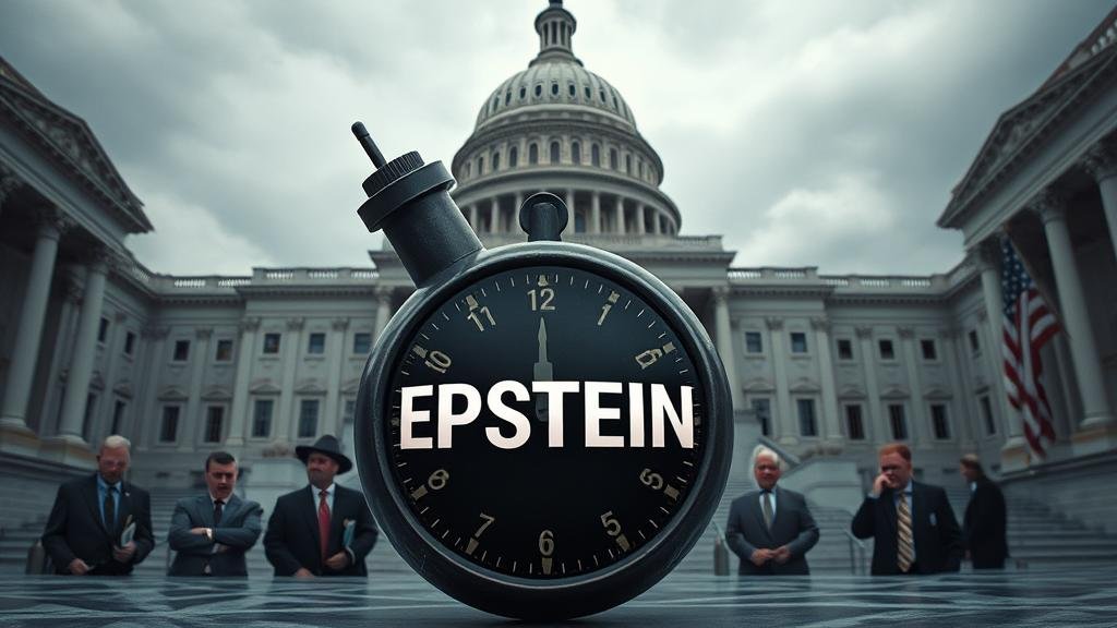 A metaphorical image of a ticking time bomb with EPSTEIN written on it, placed in the center of the U.S. Capitol building, with nervous politicians looking on.