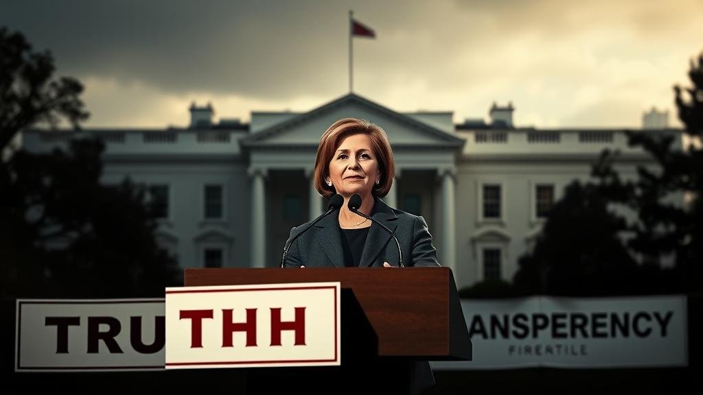 A dramatic image of a confident, determined congresswoman speaking at a podium with TRUTH and TRANSPARENCY banners, facing off against a shadowy silhouette of the White House.