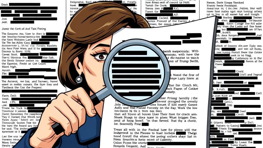 An illustration of a determined congresswoman holding a magnifying glass up to a heavily redacted document, with names trying to break through the blacked-out sections.