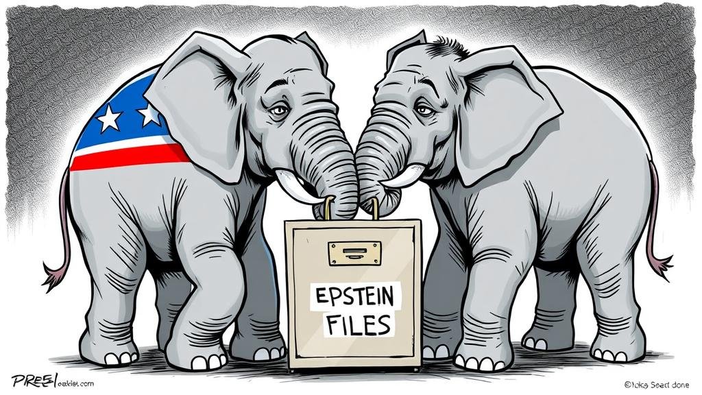 A political cartoon depicting the Republican elephant split in two, with one side representing the populist base and the other representing the establishment, clashing over a locked file cabinet labeled Epstein Files.