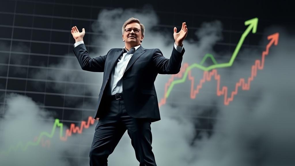 A powerful, confident figure representing NVIDIA's CEO standing in front of a rising stock chart, dispelling a cloud of smoke or fog symbolizing bubble fears.