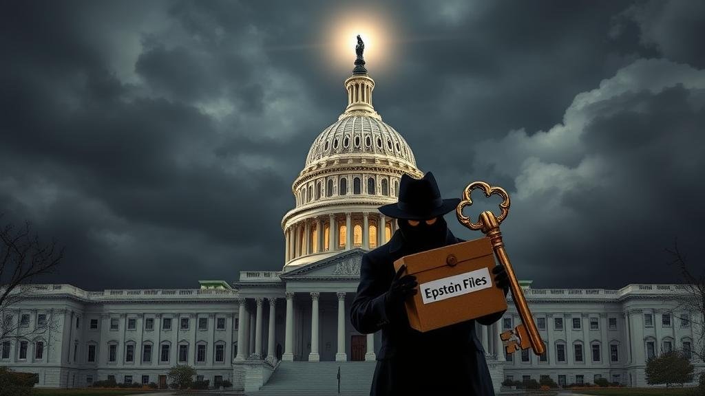 A dramatic
, satirical image of the U.S. Capitol Building with a single bright light symbolizing political unity and a shadowy figure hesitating to unlock a box labeled 'Epstein Files'.
