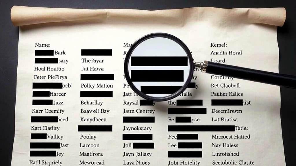 A visual metaphor for the unredacted client list, showing a scroll of names with some obscured by redaction marks and a magnifying glass trying to see through them.