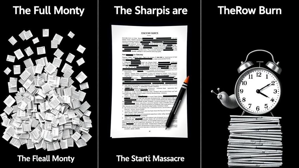 A split-panel image illustrating three potential outcomes: 'The Full Monty' with open files, 'The Sharpie Massacre' with heavily redacted documents, and 'The Slow Burn' with a slow-moving clock over sealed files.