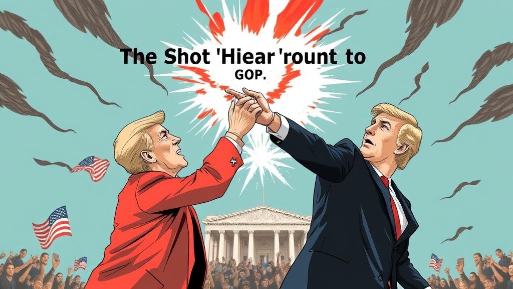 A dramatic illustration of a high-stakes political conflict within the GOP, symbolizing a primary challenge feud.