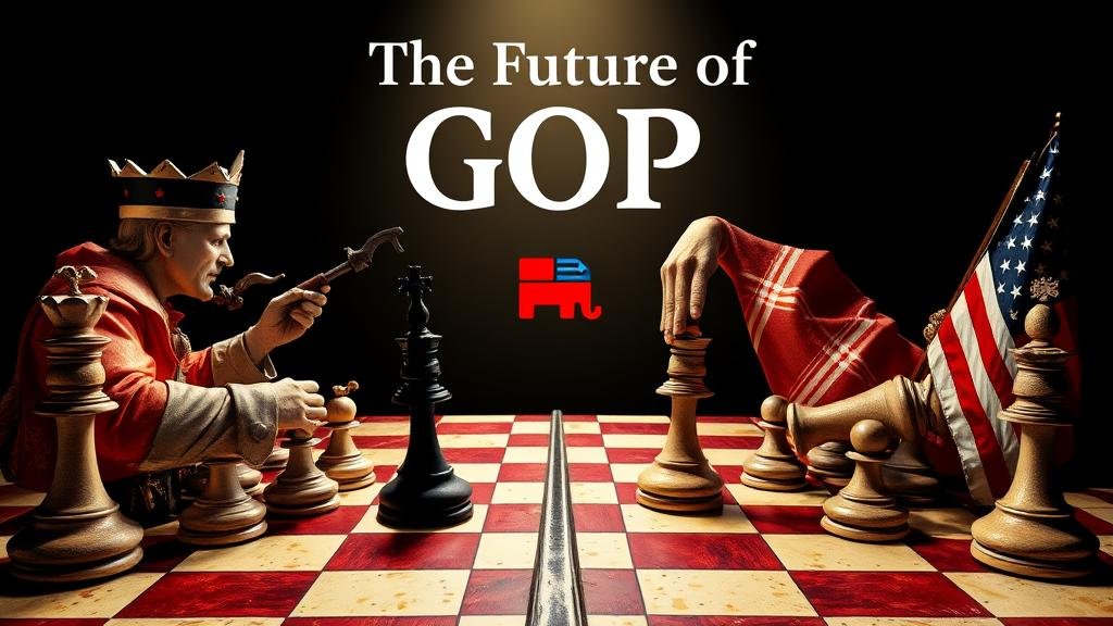 A symbolic chess game representing the strategic battle for the soul and future of the Republican party.