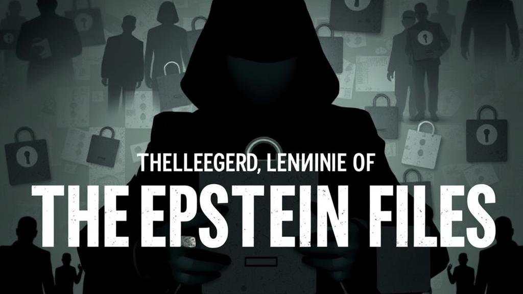 An ominous image representing the Epstein Files with shadowy figures and locked secrets, symbolizing a day of reckoning.