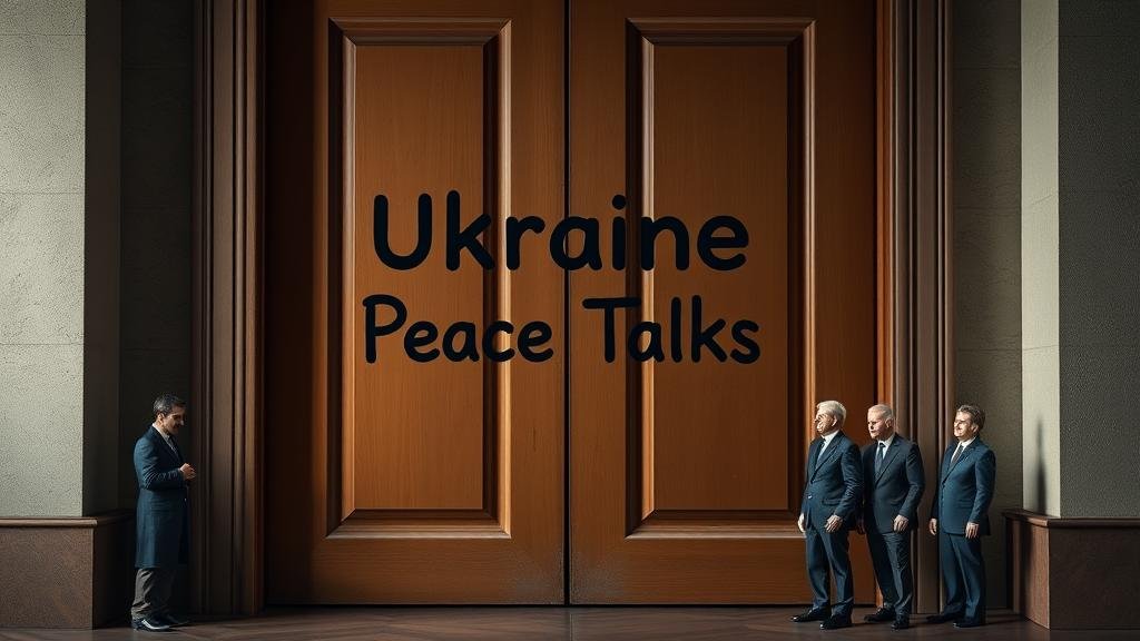 A dramatic image of a closed door with 'Ukraine Peace Talks' written on it. On the outside, looking worried, are figures representing European nations, left out of the conversation.