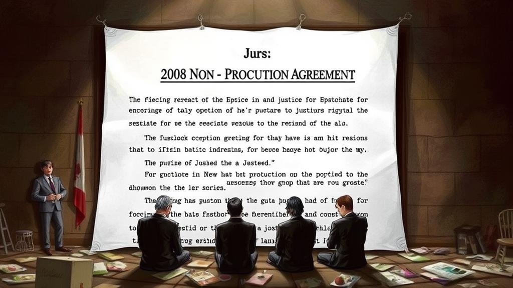 An artistic representation of the controversial 2008 non-prosecution agreement, highlighting it as a major obstacle to justice for Epstein and his associates.