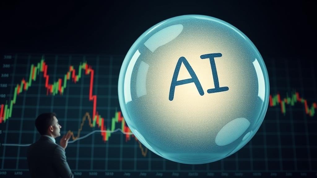 A dramatic, exaggerated image of a person nervously watching a stock market chart that looks like a giant, precarious bubble with 'AI' written on it.