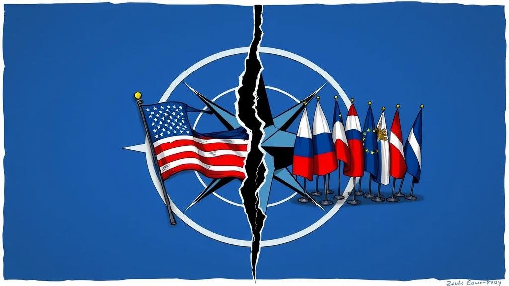 A dramatic illustration of the Western alliance at a crossroads. The NATO emblem is shown with a crack forming down the middle, representing the potential fracture in the alliance over a unilateral US-Russia deal.