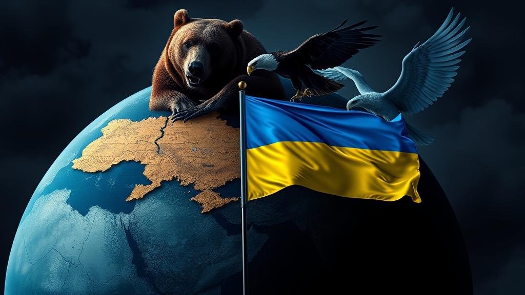 An allegorical image of a large bear and an eagle carving up a map of Ukraine on a darkened globe. In the foreground, a glowing, intact Ukrainian flag stands defiantly, symbolizing the nation's enduring sovereignty.