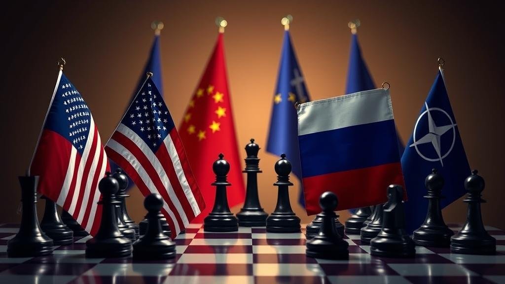 A stylized depiction of a back-channel negotiation between the United States and Russia over a chess board, with the European Union and NATO flags excluded in the background.