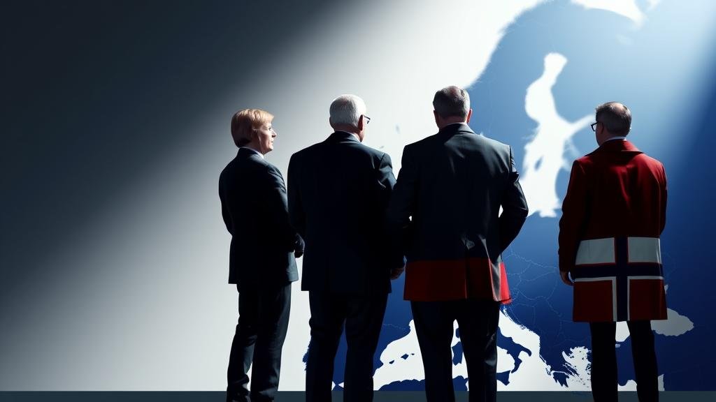 A powerful visual of European unity, with leaders from France, Germany, and the Baltic states standing shoulder-to-shoulder, looking towards a negotiating table, illustrating their unified stance.