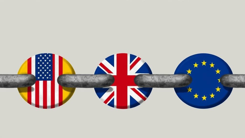 The Fading Unity of the Transatlantic Community A strong chain with flags of the US, EU, and UK, with one link starting to crack, representing fading unity in the Russia-Ukraine war.