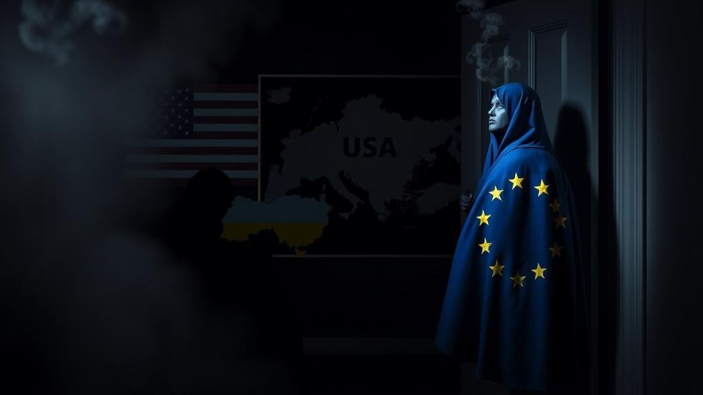Europe's Fear of a Backroom Deal Silhouettes of the U.S. and Russia over a map of Ukraine in a smoky backroom, with the EU locked out, symbolizing the fear of a secret peace deal.