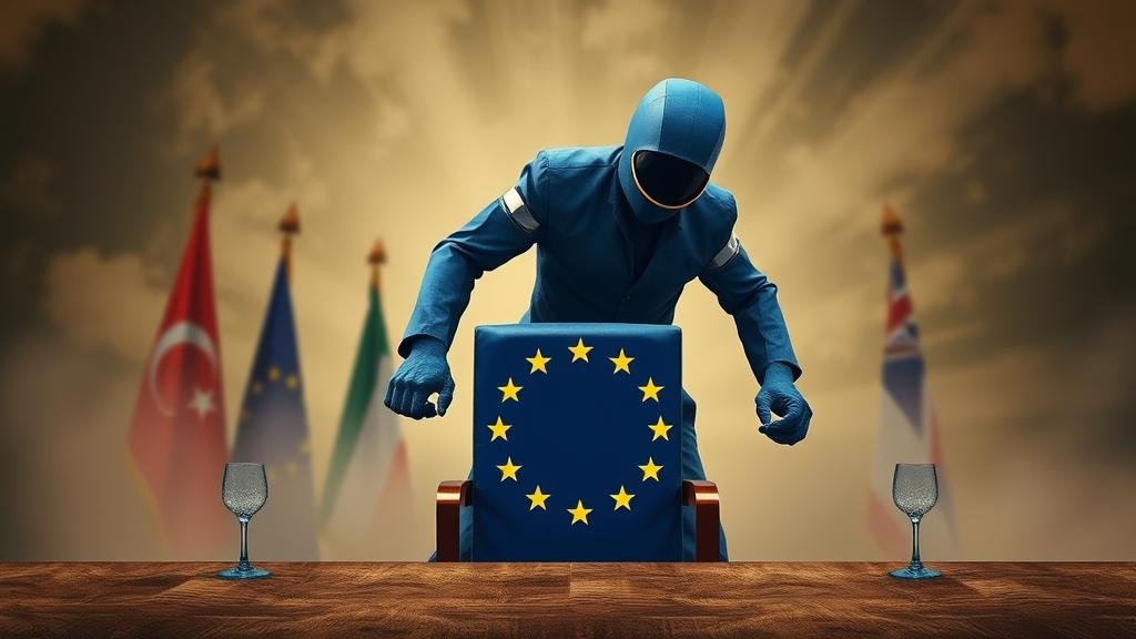 Europe Demands a Seat at the Table A figure representing the EU forcefully placing a chair with the EU flag at a negotiation table, symbolizing their demand for a seat.